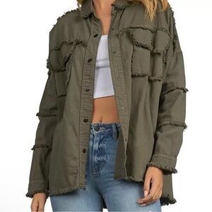 Elan Olive Green Frayed Button-Front Military Inspired Jacket With Fringe Detail